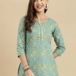 HERE&NOW Women Floral Printed Round Neck Three-Quarter Sleeves Pure Cotton Short Kurti-58
