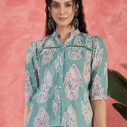 Sangria Floral Printed Pure Cotton Mandarin Collar Puff Sleeve Top-image-85