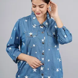 SUMAVI-FASHION Geometric Printed Spread Collar Denim Jacket-picture-37
