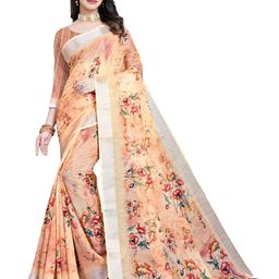 SSHAGUN LIFESTYLE Orange Embellished Floral Print Woven Bollywood Cotton Silk Saree-picture-34