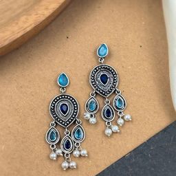 NAMAN ARTS Silver-Plated Artificial Stones And Beads Oxidised Contemporary Drop Earrings-2