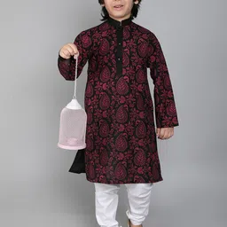 Little Clothings Boys Floral Hand Block Print Kurta Paired Contrasting White Churidaar-image-94