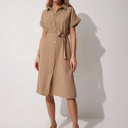 Happiness istanbul Women Shirt Collar Wrap Dress-image-55