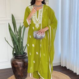 KALINI Floral Embroidered Straight Thread Work Pure Cotton Kurta With Trousers And Dupatta-50