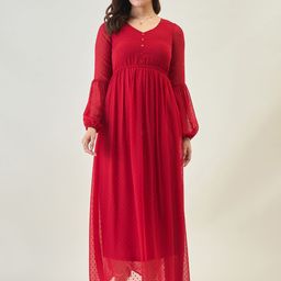 aayu Solid Self Design Puff Sleeve Georgette Fit & Flare Maxi Dress-11