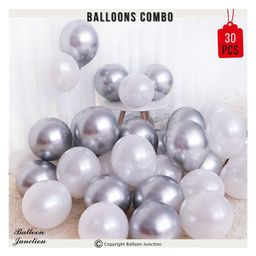 Balloon Junction Metallic Balloon Combo White Silver - Pack of 30-28