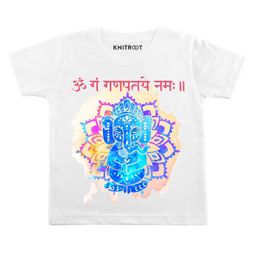 KNITROOT Ganapatey Namah Print Half Sleeves Tee - White-image-80