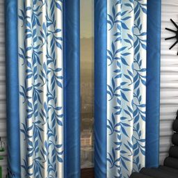 BELLA TRUE Blue & White 2 Pieces Floral Printed Black Out Window Curtains-image-58