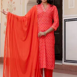 Navlik Women Leheriya Printed Regular Thread Work Kurta with Trousers & With Dupatta-image-5