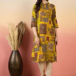 Anouk Yellow and Brown Band Collar Floral Printed Straight Kurta-4
