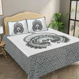 Aura Grey & Black Ethnic Motifs 144 TC Pure Cotton King Bedsheet With 2 Pillow Covers-image-68
