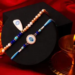 PANASH Set Of 5 Stone-Studded & Beaded Rakhi With Printed Mugs Greeting Card & Roli Chawal image 2