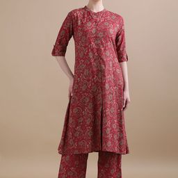 Jaipur Kurti Maroon Floral Printed Pure Cotton A-Line Kurta with Trouser-picture-32