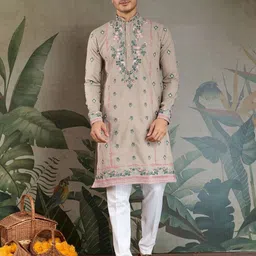 ODETTE Men Floral Embroidered Flared Sleeves Thread Work Anarkali Kurta-image-90