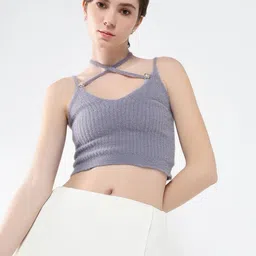 SHOWOFF Tie-Up Neck Fringed Crop Top-image-54