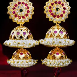 Subham Jewellers Gold-Plated Cubic Zirconia Studded & Beaded Dome Shaped Jhumkas-47