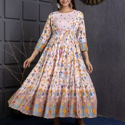 HERE&NOW Geometric Printed Round Neck Thread Work Fit And Flare Maxi Ethnic Dress-image-63