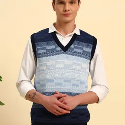 BUDAPEST Men Sky Blue Solid V-Neck Wool Sleeveless Pullover Cardigan-picture-0