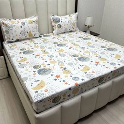 Pure Decor White & Mustard Geometric 250 TC Queen Bedsheet with 2 Pillow Covers-49