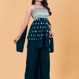 PARROT CREATION Women Embroidered Regular Sequinned Kurti with Palazzos & With Dupatta image 3