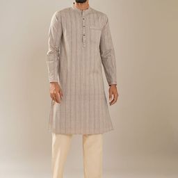 JAYPORE Striped Woven Design Band Collar Neck Long Roll-Up Sleeves Pure Cotton Kurta-image-13