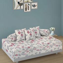 Aura Set Of 6 White & Pink Printed Floral TC Cotton Diwan Set-15