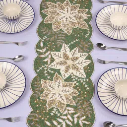 YWULY Off-White & Green Floral Beaded Table Runners-34