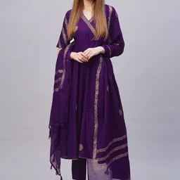 KALINI Floral Printed V-Neck Zari Anarkali Kurta With Trousers & Dupatta-image-83
