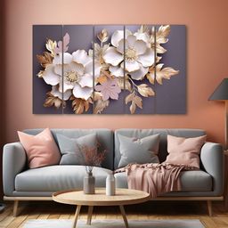 The Castle Decor Grey & White 5 Pieces Floral & Botanical Wooden Wall Arts-image-96
