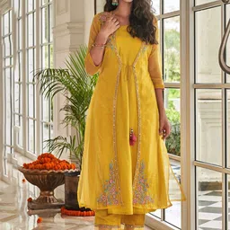 AUTUMN LANE Shamita Marigold Embroidered A-Line Thread Work Kurta with Trousers-image-18