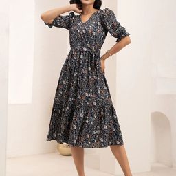 DressBerry Floral Printed Puff Sleeves Fit & Flare Midi Dress-image-88