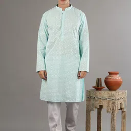 Exotic India Geometric Embroidered Mandarin Collar Thread Work Straight Kurta With Trouser-image-34