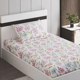 Home Centre Juniper Pink & Blue Floral Printed 160 TC Single Bedsheet Set 2.18 m x 1.52 m-image-82
