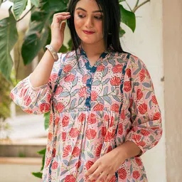 Uttariya Floral Printed Cotton Thread Work Mandarin Collar A-line Kurti-picture-24