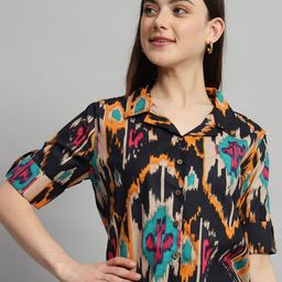 Ravaiyaa Women Ikat Print Roll-Up Sleeves Cotton Shirt Style Crop Top-image-53