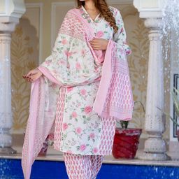 KALINI Women Floral Printed Regular Thread Work Pure Cotton Kurta with Trousers & With Dupatta-picture-42