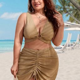 Plus Curvves Women Plus Size Medium Coverage Bikini Set With Skirt-image-26