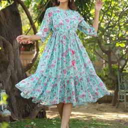 Janasya Floral Print Keyhole Neck Georgette Fit & Flare Midi Dress-image-82