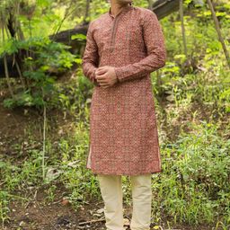 Ethnic India Mandarin Collar Geometric Printed Thread Work Straight Kurta-image-66