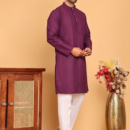 Anouk Purple Geometric Embroidered Pure Cotton Mandarina Collar Kurta With Trouser-56