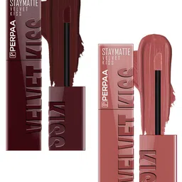 PERPAA Set Of 2 Velvet Kiss Matte Liquid Lipsticks- 3.5 ml Each- Maroon - Nude-18