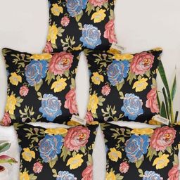 Blue Grass Black & Blue 5 Pieces Floral Velvet Square Cushion Covers-image-63