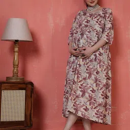Nayo Women Floral Printed Round Neck Maternity Midi Dress-image-121
