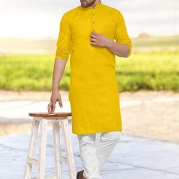 ANUJ FASHION Men Yellow Cotton Blend Kurta-picture-5