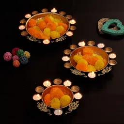 Amaya Decors Set of 3 Gold-Toned Textured Peacock Uruli With Tealight-image-51
