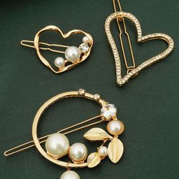 Ferosh Women Set of 3 Stone Studded & Beaded Heart Hair Clips-image-61