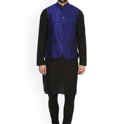 KISAH Men Black Self Design Kurta with Churidar & Nehru Jacket-54