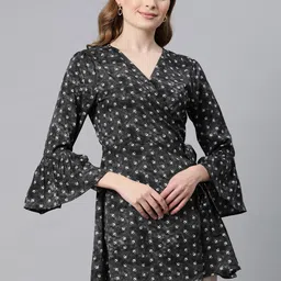 Cottinfab Abstract Print Bell Sleeve Crepe Wrap Longline Top-24