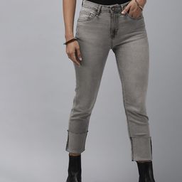 Roadster Women Grey Cropped Straight Slim Fit Mid-Rise Heavy Fade Stretchable Frayed Jeans-image-56