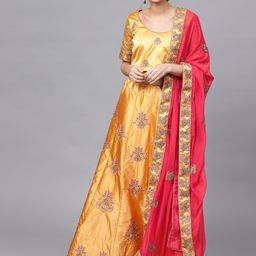Saree mall Mustard Yellow & Red Embroidered Ready to Wear Lehenga & Blouse with Dupatta-23
